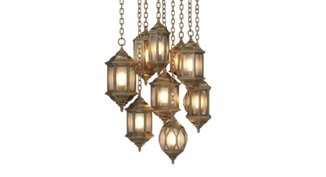 Group of ornate, vintage-style lanterns hanging from chains, emitting a warm, inviting light against a clean, white background.