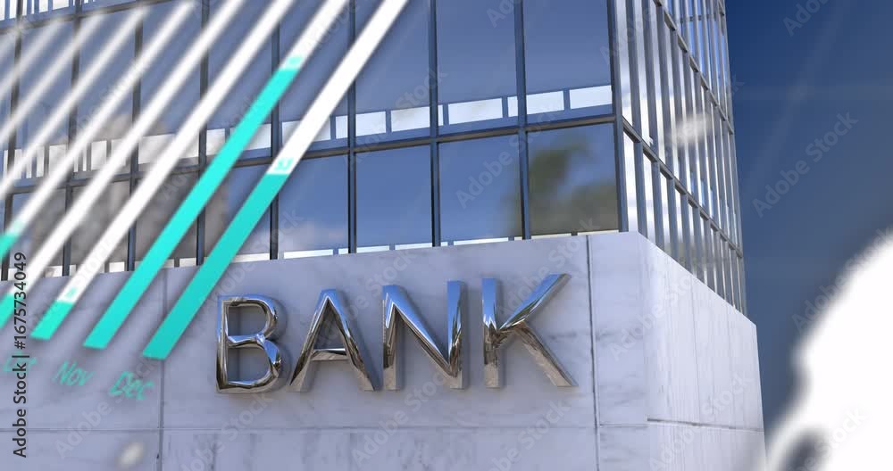 Poster animation of data processing and statistics over bank office building