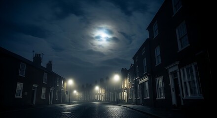 Eerie Street Scene Under a Full Moon.