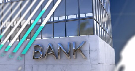 Animation of data processing and statistics over bank office building - Powered by Adobe