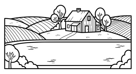 Rural landscape with house and fields in line art style