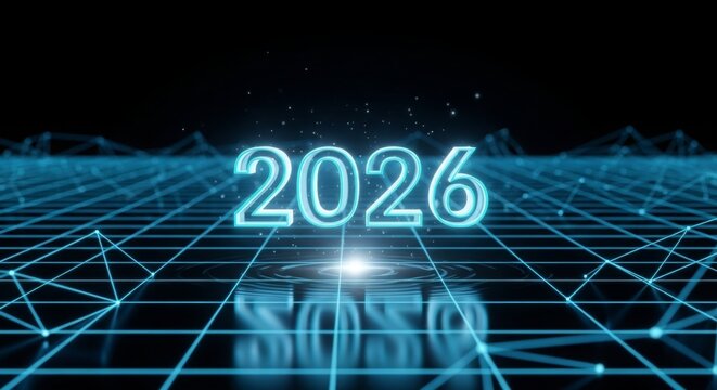 Dynamic 2026 New Year digital network concept with glowing futuristic grid and abstract light
