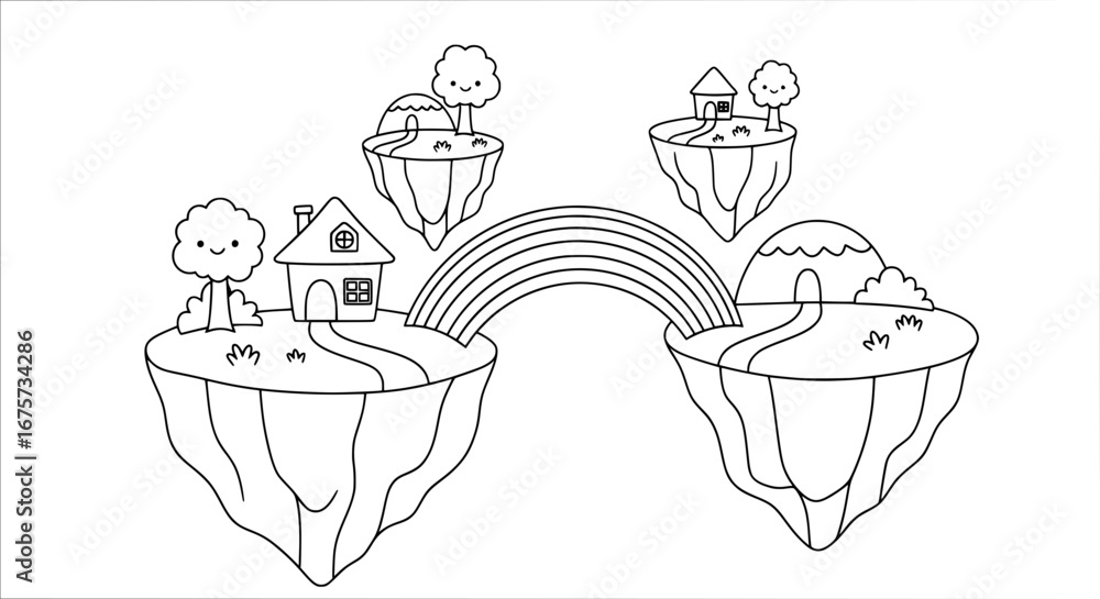Poster floating islands with houses and trees with transparent background