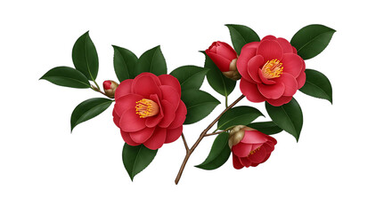 Elegant Red Camellias with Green Leaves Isolated on a Transparent Background