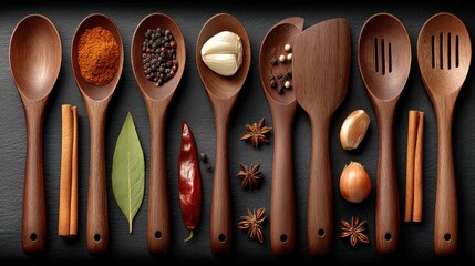 A refined arrangement of wooden cooking utensils and assorted spices, arranged artfully on a dark surface, conveying a sense of culinary inspiration.