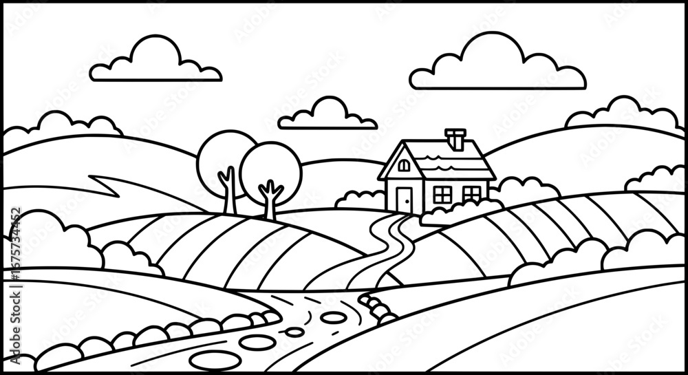 Poster scenic rural landscape with house and fields with transparent background
