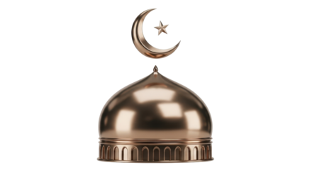 Golden dome with crescent moon and star, symbolizing Islamic faith, isolated on white.