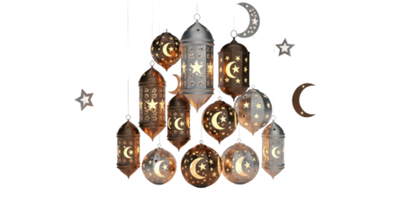 An arrangement of decorative lanterns and crescent moon shapes, featuring star cutouts, against a white background.