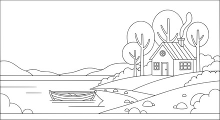 Obraz premium Scenic lakeside house with trees and boat with transparent background