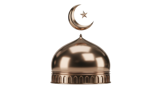 Golden dome with crescent moon and star, symbolizing Islamic faith, isolated on white.