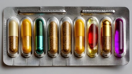 A blister pack of various colored capsules, showcasing a range of medicinal or dietary supplements in different hues.