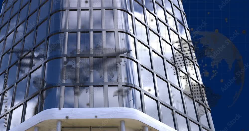 Aufkleber animation of data processing and world map over modern office building