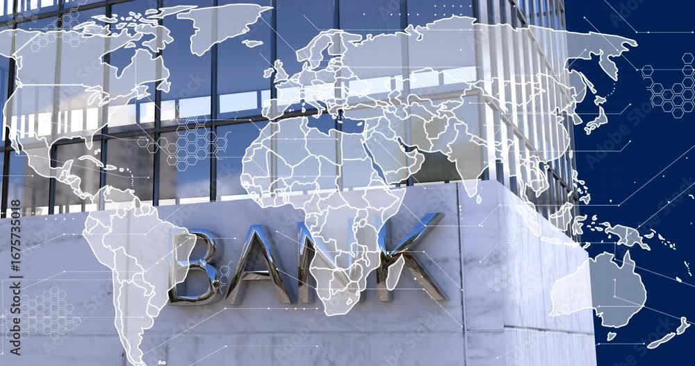 Poster animation of data processing and world map over bank office building