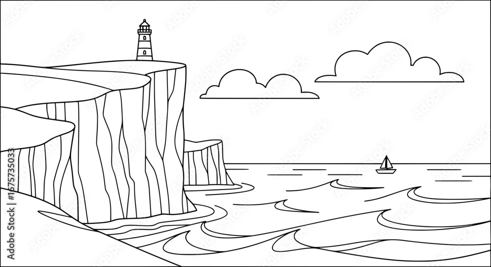Poster cliffs and lighthouse along the coast with transparent background
