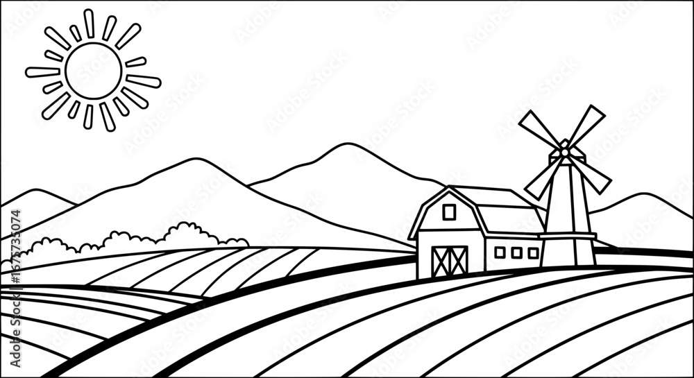 Poster farm landscape with windmill and fields with transparent background