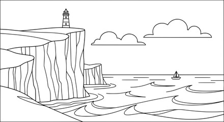 Obraz premium Cliffs and lighthouse along the coast with transparent background