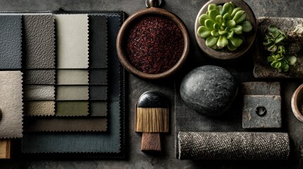 A collection of various natural textures and color palettes, arranged on a dark gray surface, showcasing shades of gray, beige, and brown, with accents of deep red, and natural elements like...