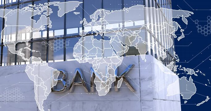 Animation of data processing and world map over bank office building