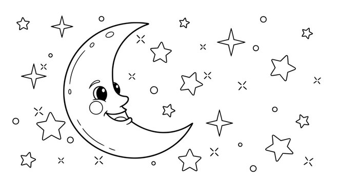 Smiling moon with stars and clouds with transparent background