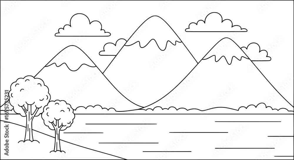 Poster mountain landscape with trees and clouds with transparent background