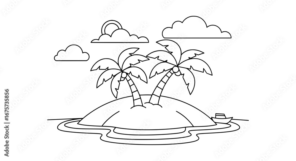 Poster island with palm trees and boat with transparent background