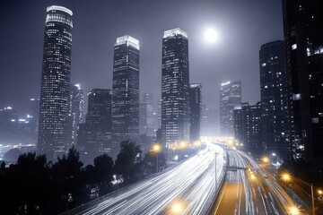 Obraz premium Night cityscape with illuminated skyscrapers and bright full moon over busy highway with light trails and streetlights