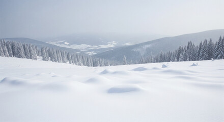 Serene snow-covered mountain valley with evergreen forest and gentle snowfall
