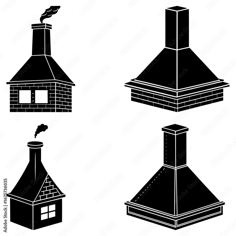 Poster four chimney structures in black and white showing different styles and construction techniques in d