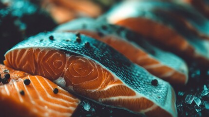 Close-up view of fresh salmon fillets, showcasing the vibrant orange flesh and dark scales, with peppercorns scattered on the surface.