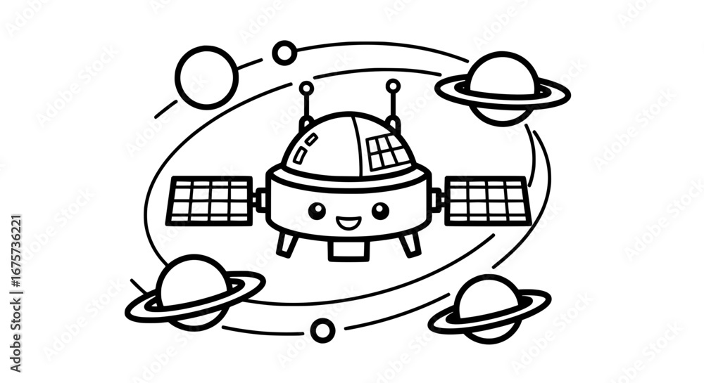 Poster cute robot with planets and stars with transparent background