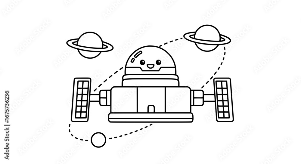 Poster robot with satellites and planets with transparent background