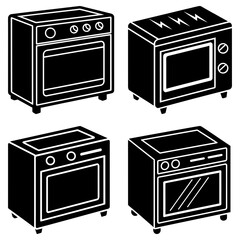 Obraz premium Four black and white ovens in an isometric view showcasing different oven styles and control panel designs
