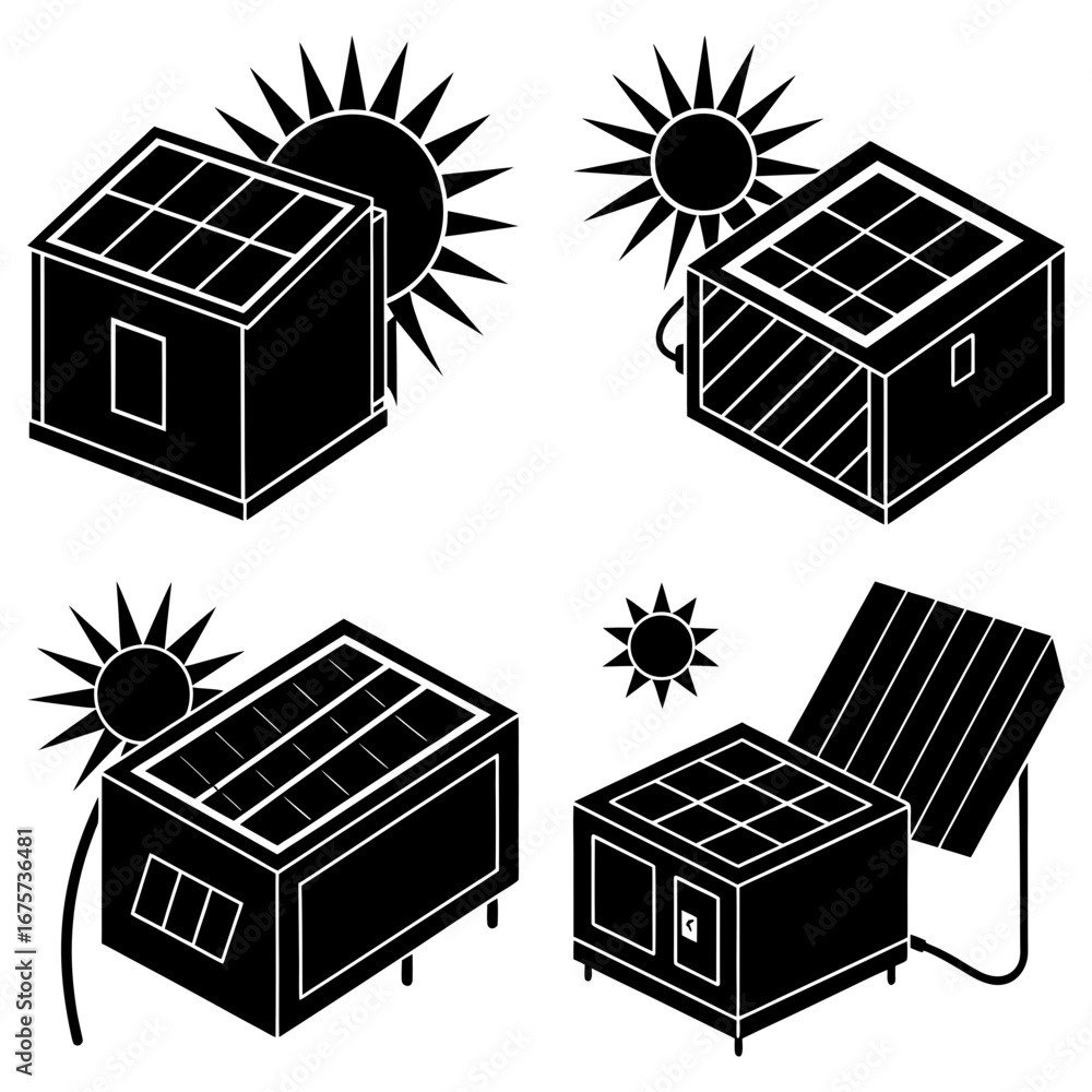 Aufkleber isometric view of four solar powered generators with suns in the background in black and white style