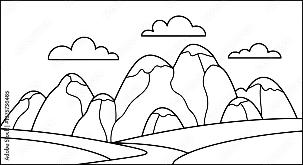 Poster mountain landscape with clouds and fields with transparent background