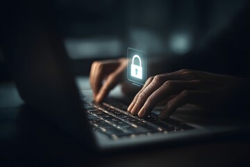Hands typing on laptop with cybersecurity lock icon.