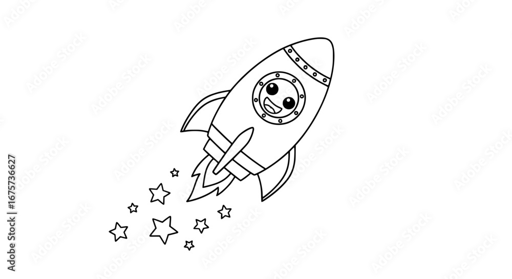 Poster rocket ship with stars and trails on transparent background