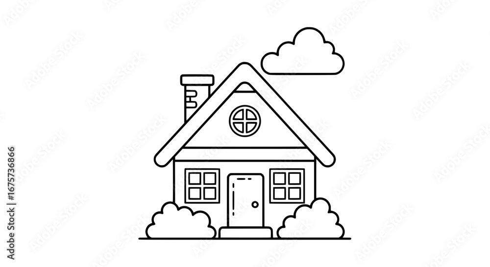 Poster House with chimney and clouds with transparent background