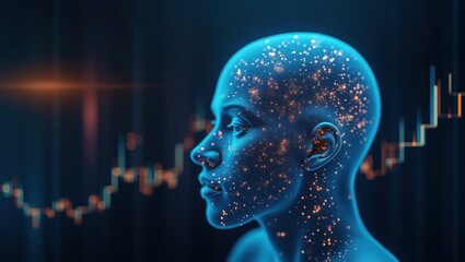 A digital representation of a person's head, showcasing intricate details of the face and the background of a financial graph.