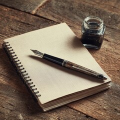 Vintage Fountain Pen, Inkwell, and Blank Notebook on Rustic Wooden Table