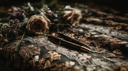 Elegant, dark-toned pens rest on a rich, embroidered lace fabric, accompanied by a delicate bouquet of blush-colored roses and deep purple flowers.
