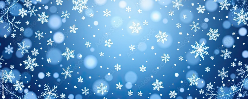 Poster beautiful winter snowflakes on soft blue background with gentle bokeh effect and sparkling light hig