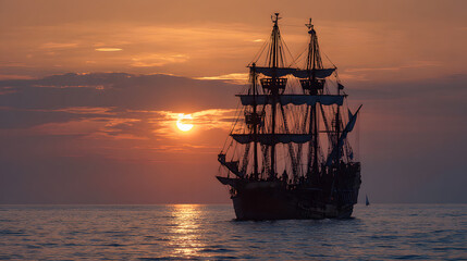 Fototapeta premium old ship in sea sunset