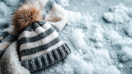 A striped winter hat with a faux fur pom-pom rests on a bed of fresh snow, evoking a cozy and wintery scene.