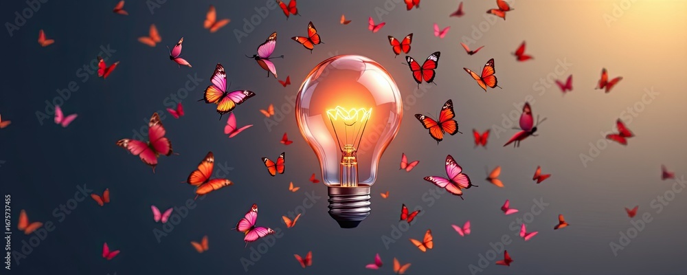 Poster light bulb surrounded by colorful butterflies in surreal artistic composition with warm glow and vib