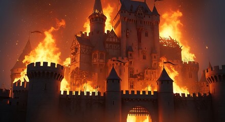 Fototapeta premium Castle Ablaze - A Fiery Architectural Disaster.
