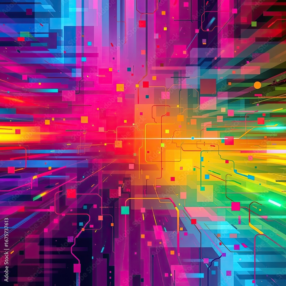 Poster abstract colorful digital background with glowing lines and geometric patterns reflecting modern tec