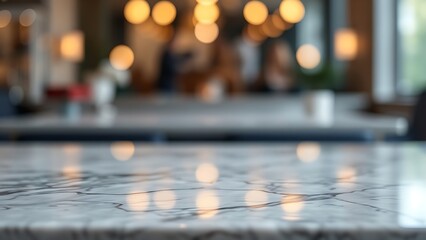 Polished marble tabletop with abstract bokeh, showcasing a sleek and modern aesthetic.