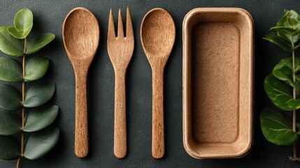 Wooden utensils and a biodegradable food container are arranged on a dark surface, alongside vibrant green leaves, promoting an eco-friendly lifestyle.