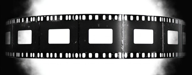 Close-up of a semi-transparent black film strip with empty frames floating against a smoky bright background evoking nostalgia and vintage cinema atmosphere