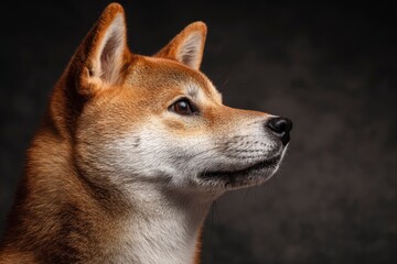 A Shiba Inu dog stands in profile against a dark textured background